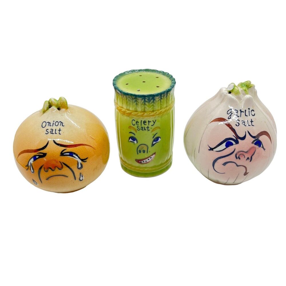Anthropomorphic Salt Shakers Celery Onion Garlic Vegetable Head Vintage Norcrest
